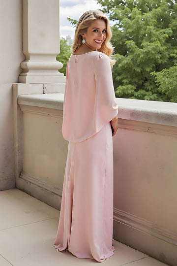 A-Line Candy Pink Bateau Neck 3/4 Sleeve Chiffon Long Mother of the Bride Dress